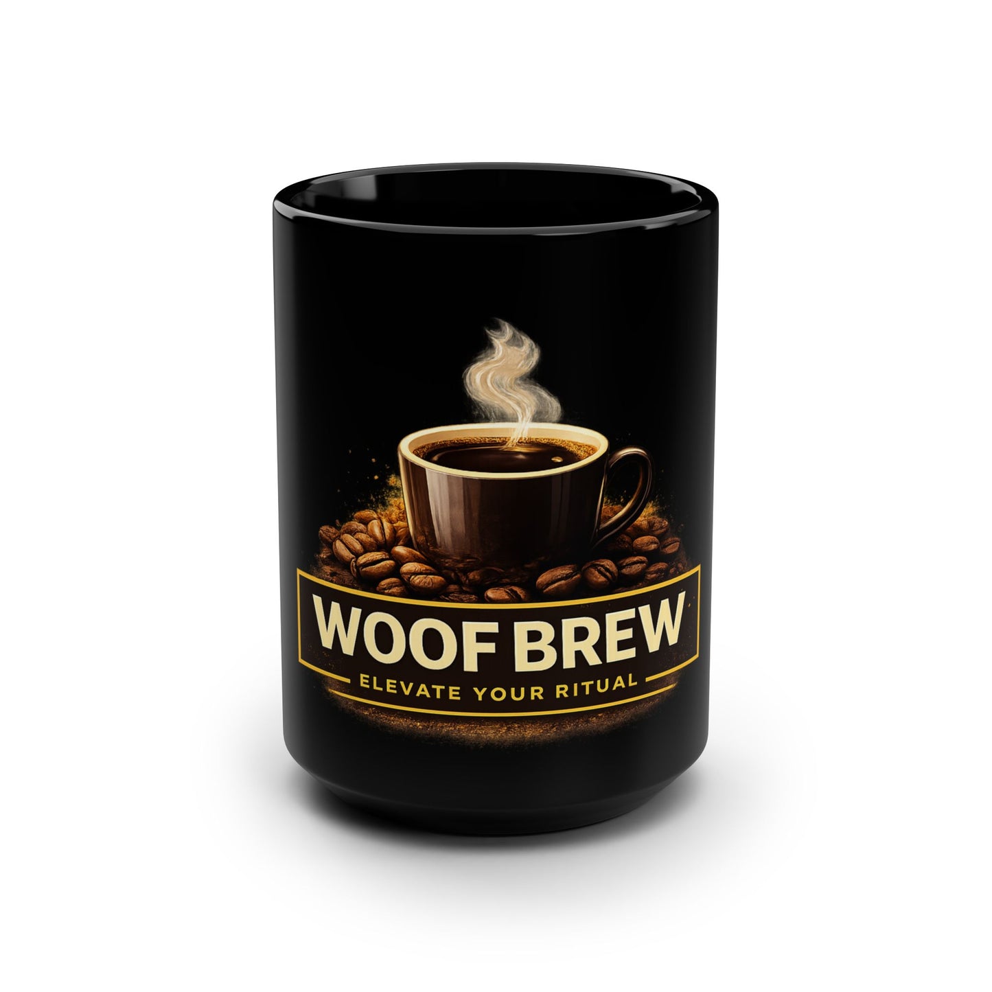 Woof Brew Coffee Mug — 15oz Black Ceramic "Elevate Your Ritual"
