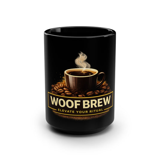 Woof Brew Coffee Mug — 15oz Black Ceramic "Elevate Your Ritual"